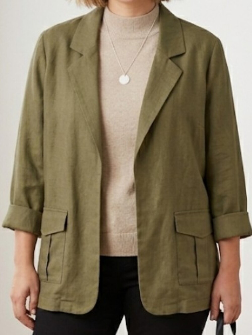 TAHARI Olive Green Linen Lyocell Blend Open Front Blazer Jacket XL Cargo Pockets